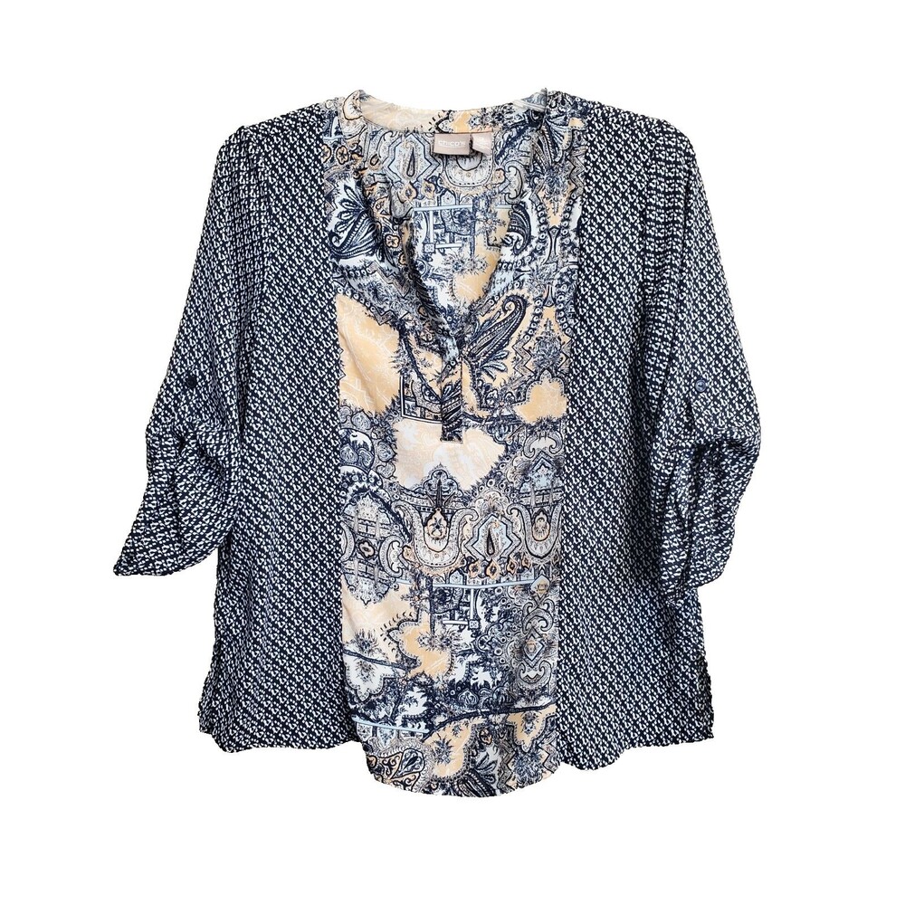 Chico's Mixed Print Roll-Tab Sleeve Y-Neck Half Placket Blouse Size 2 Large